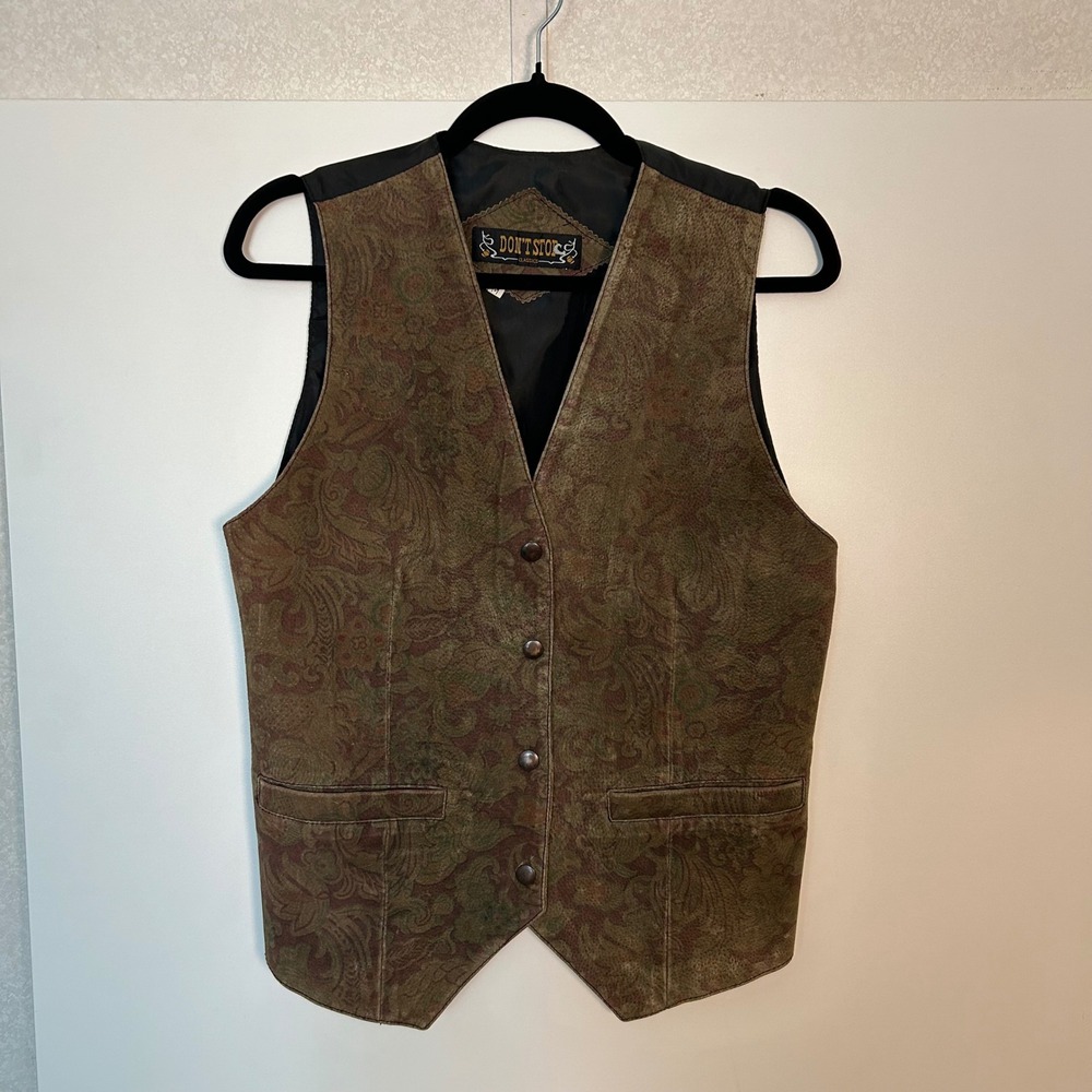 Vintage Don't Stop Suede Leather dark floral snap vest medium whimsigoth western